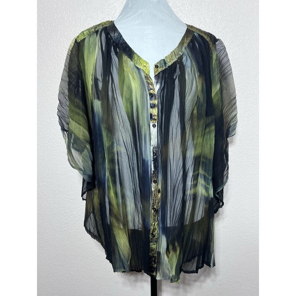 Komarov Top Blouse Women Small Abstract Print Crinkle Artsy Shirt Kimono Sleeves